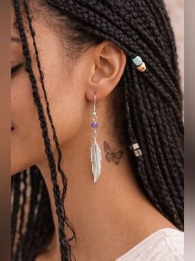 Boho Feather Drop Earrings | Silver Tone + Lavender Accent | Free Spirit Style